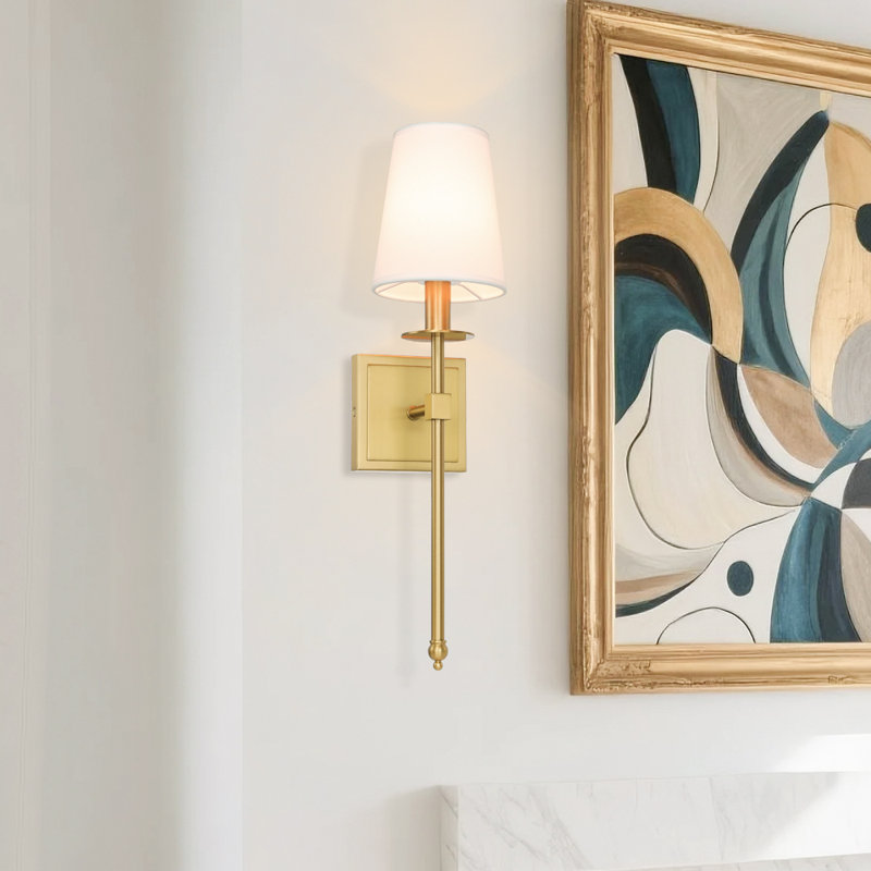 Modern Wall Sconce Fixture with Fabric Shade Set of 2 Brushed Brass for Bedroom & Living Room