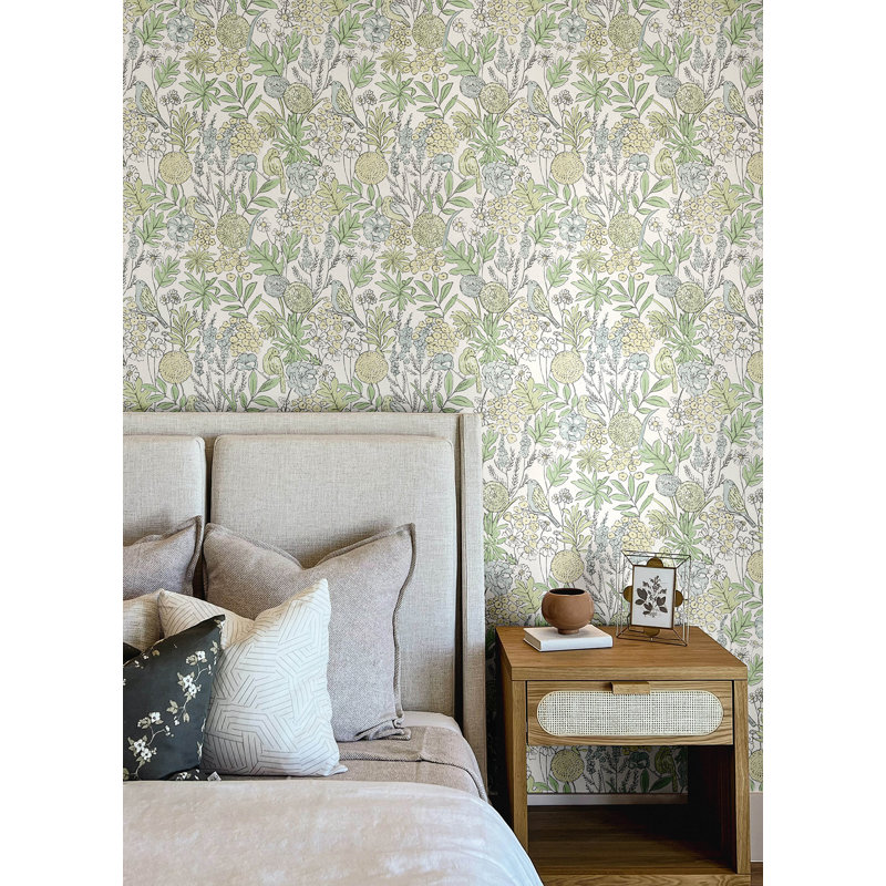 Papier peint chardonneret turquoise oiseaux et fleurs, Vert
