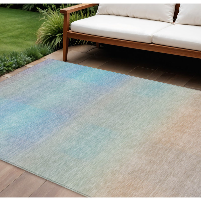 Tapis intérieur/extérieur lavable, motif abstrait bleu ciel et pêche, 3 m x 4,2 m