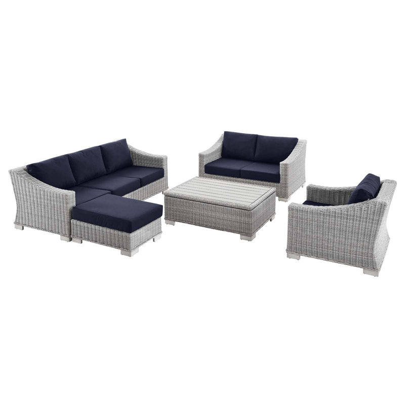 Ensemble de meubles d'extérieur en rotin 5 pièces Conway par Modway, Bleu marine