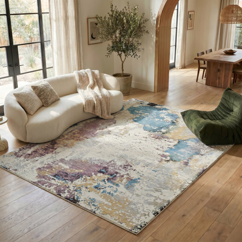 Rug Branch Sola 4' x 6' (3'11" x 5'7") Beige/Blue Disressed Abstract Indoor Area Rug, Contemporary, Medium Pile, Stain-Resistant Carpet - Living Room, Bedroom, Dining Room, and Kitchen