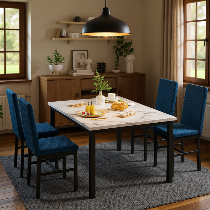 Faux Marble 5-Piece Dining Room Table Set with 4 Dining Chair, White, Blue