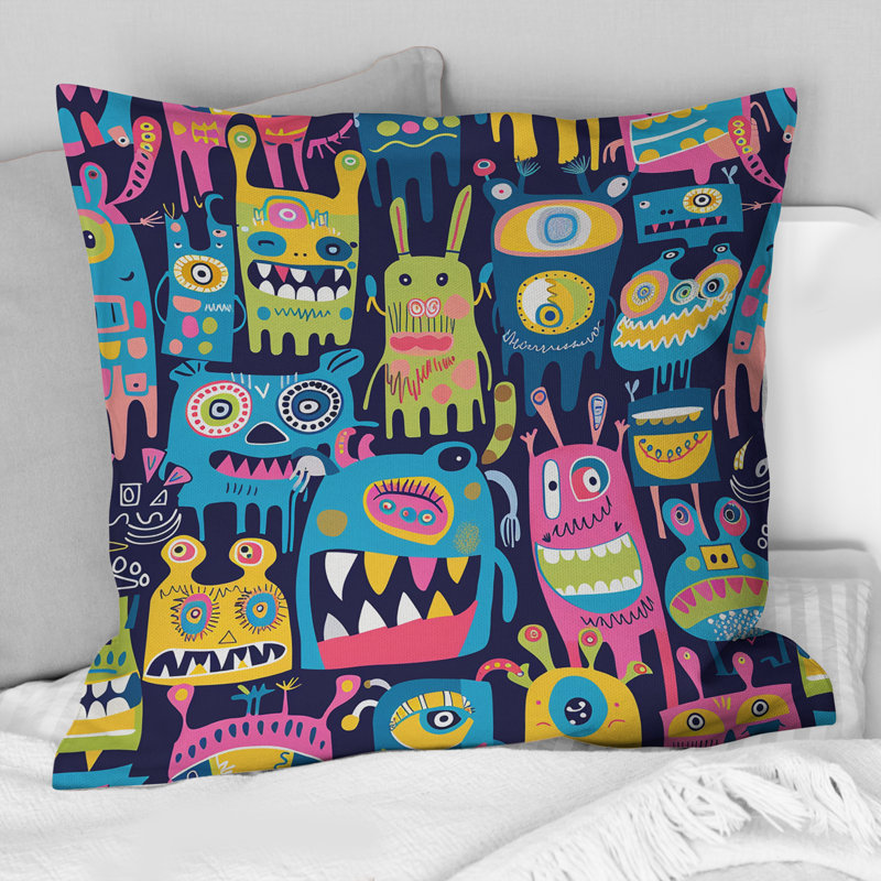Childrens Friendly Monsters Pattern - Children Throw Pillow, 18"H x18"H, Blue/Green