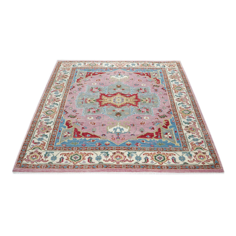 Tapis Oushak rose en laine noué à la main 8 pi 10 po x 11 pi 11 po
