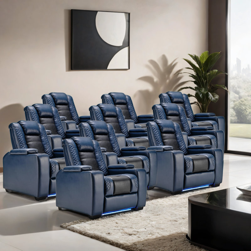 39'' Adjustable Headrest Power Recliner Man Cave Home Theater Chair With Cup Holders USB LED (Set of 10), Blue