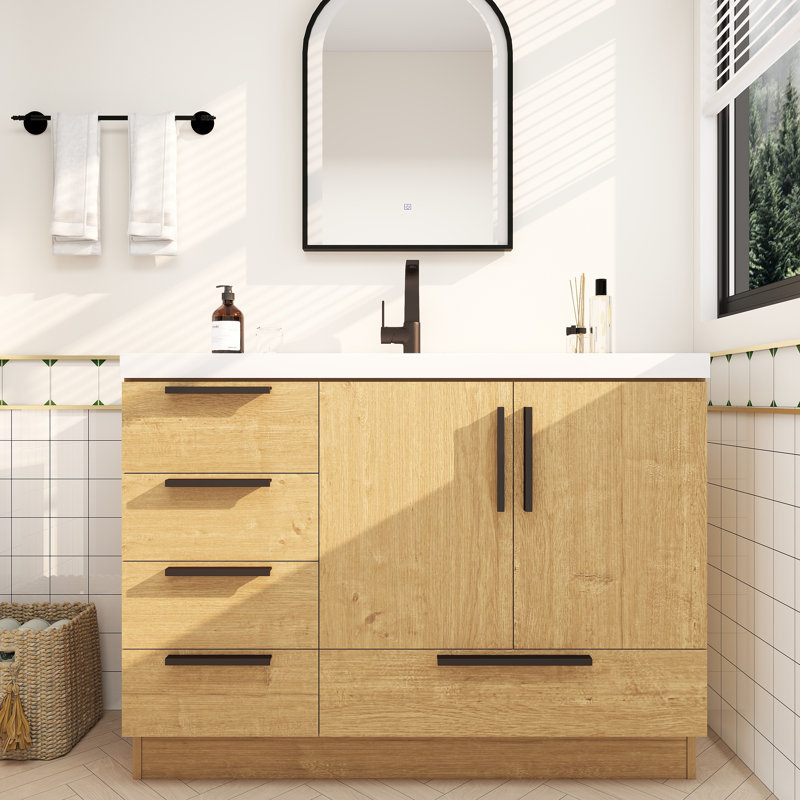 Meuble-lavabo autoportant avec tiroirs latéraux Carla, 47", Chêne naturel