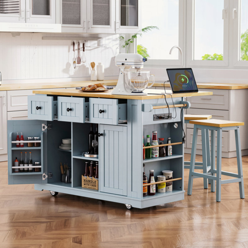 Large Kitchen Island with Drop Leaf, Power Outlet, Door Internal Storage Rack, Rolling Kitchen Cart on 5 Wheels with 5 Open Side Racks for Kitchen, Dining Room (Not Include Bar Stools)