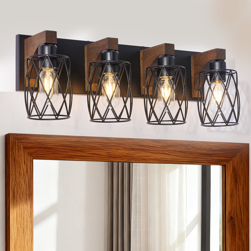 Farmhouse Bathroom Vanity Light With Cage Lampshade,Wood Bathroom Light Fixtures Over Mirror,Rustic Bathroom Lighting For Bedroom Living Room Hallway