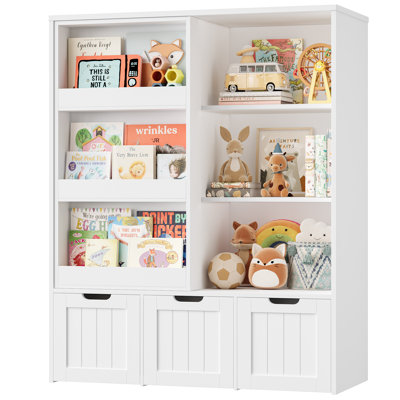 47.2"H Wood Storage Kids Bookcases  with Sliding Door and 3 Removable Drawers
