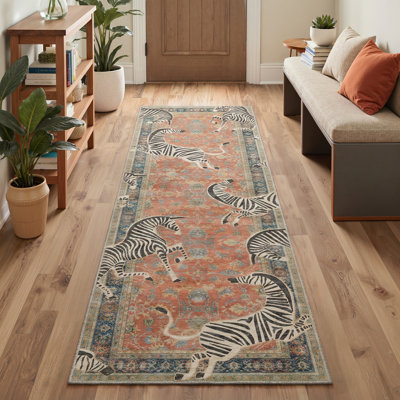 Allandale Zebra Animal Print Machine Washable Red / Blue / Beige Indoor Area Rug with Non-Slip Backing
