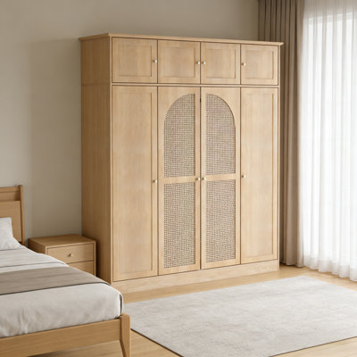 Armoire-penderie 8 portes à grande capacité avec tringle, tablettes réglables et portes décoratives en rotin