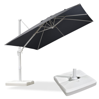 8 FT Square Cantilever Polyester White Gray Umbrella with Base and 360° Rotation