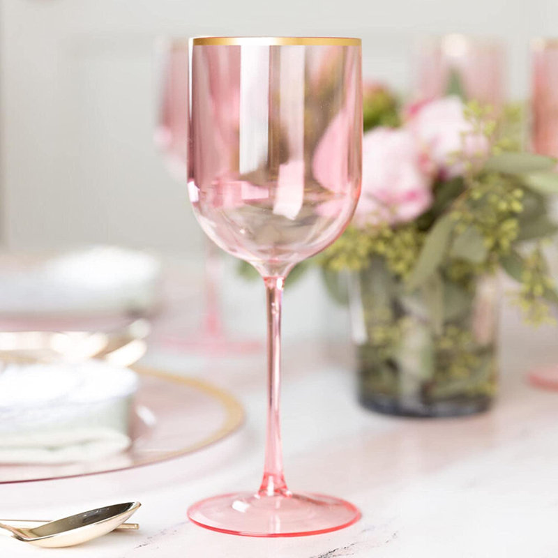 Verres à vin en plastique roses 12 oz avec bordure dorée 2 invités Ecoqualité