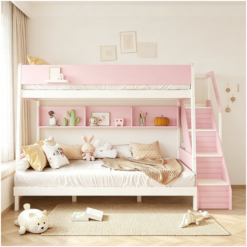Lit double superposé au-dessus de grand lit double avec escalier à rayures et tablettes latérales, rose, Grand lit, Rose