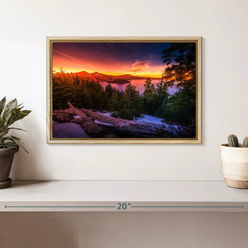 Majestic Crater Lake Sunset, Cadre flottant en bois naturel, 13 po x 9 po