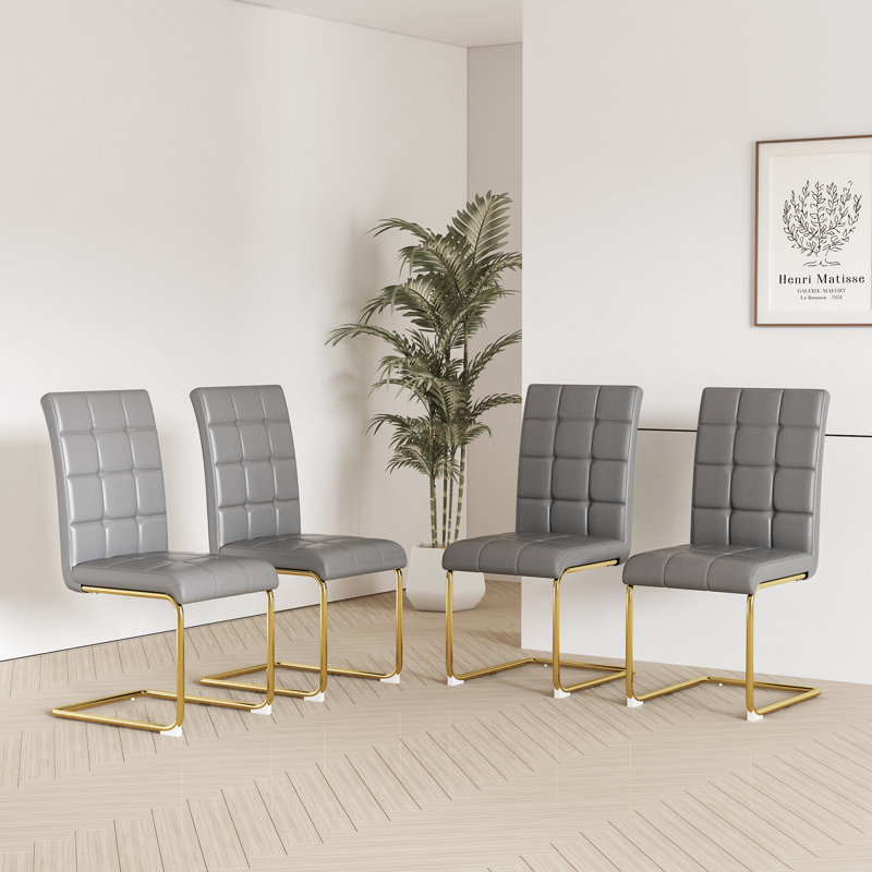 5- Piece Dining Table Set,Glass Top Metal Base Dining Tablewith 4 Faux Leather Dining Chairs, Gold, Gray/Gold