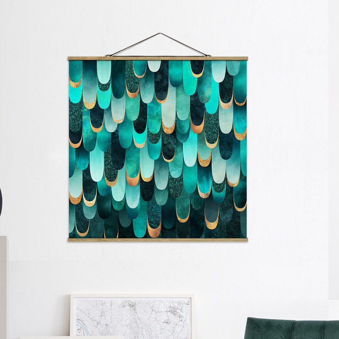 Stoffbild Feathers Gold Turquoise von Elisabeth Fredriksson