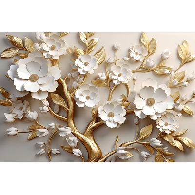 Gilded Garden Elegance - Gold & Ivory Canvas Art