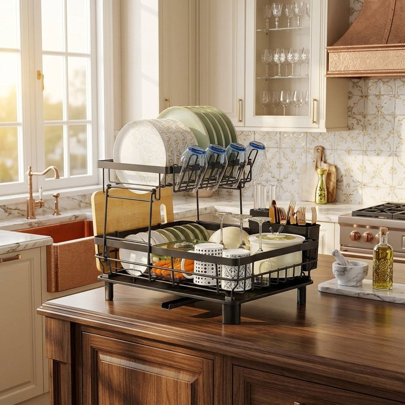 Space-Saving 2-Tier Dish Rack with Swivel Drainer