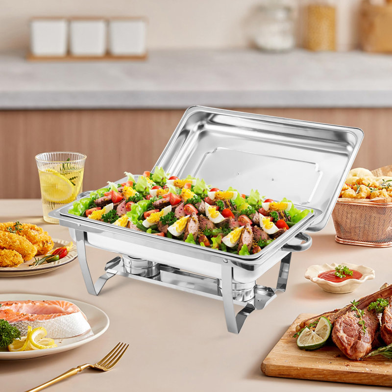 Ensemble de 2 réchauds argentés pour buffet, chauffe-plats en acier inoxydable 8 pte avec couvercles et supports pliables pour les fêtes et la restauration