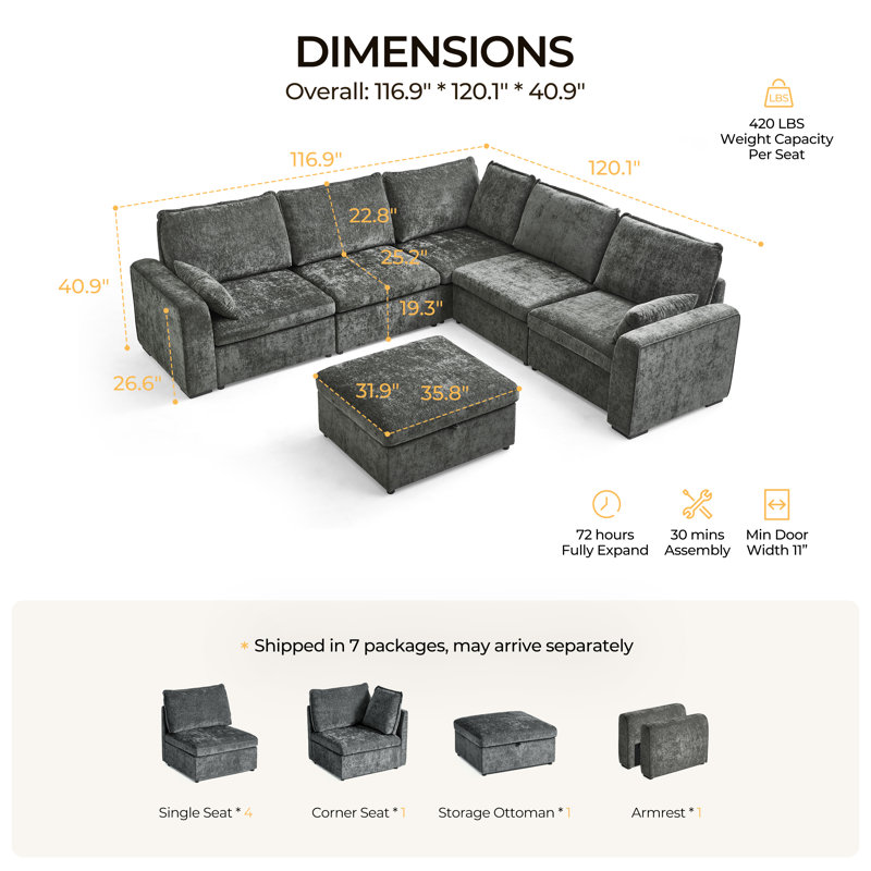 Canapé-lit modulaire surdimensionné à 6 places Olar, Gris chenille