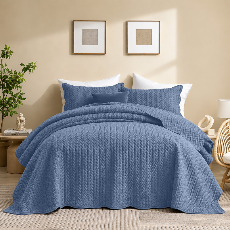 Microfiber Embossed Oversized Modern & Contemporary Bedspread Set With Shams, Washed Blue, Twin Bedspread + 1 Pillowcase
