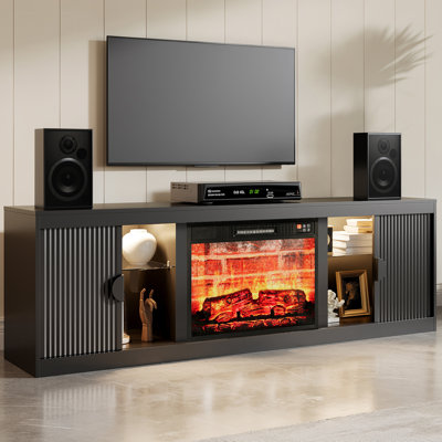  70" TV Stand For Tvs Up To 80" With Electric Fireplace, Modern Fluted Sliding Door Fireplace Cabinet with LED Light For Living Room, Bedroom, Entertainment Centre, Black