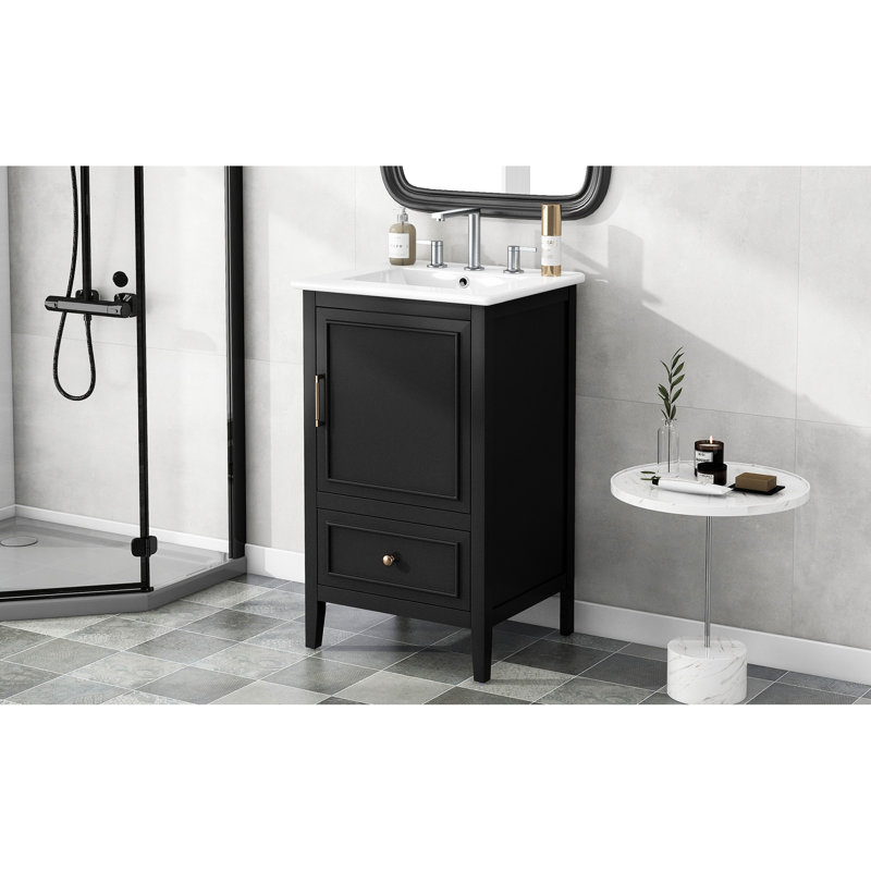 Meuble-lavabo de 20 po avec lavabo - noir, grand rangement, poignée en acier inoxydable, porte silencieuse, surface facile à nettoyer, poids pratique de 67,36 lb, tablette de porte, tiroir,