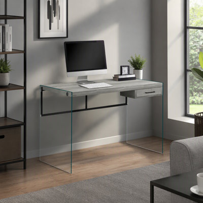 48" Computer Desk for Home Office, Storage Drawers, Work and Laptop, Grey Laminate with Clear Tempered Glass, Contemporary Modern