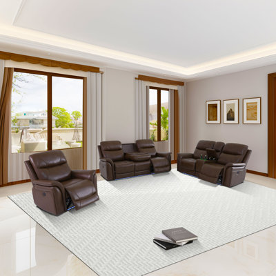 Reddish Brown Power Breathing Leather 3-Piece Living Room Recliner Sofa set