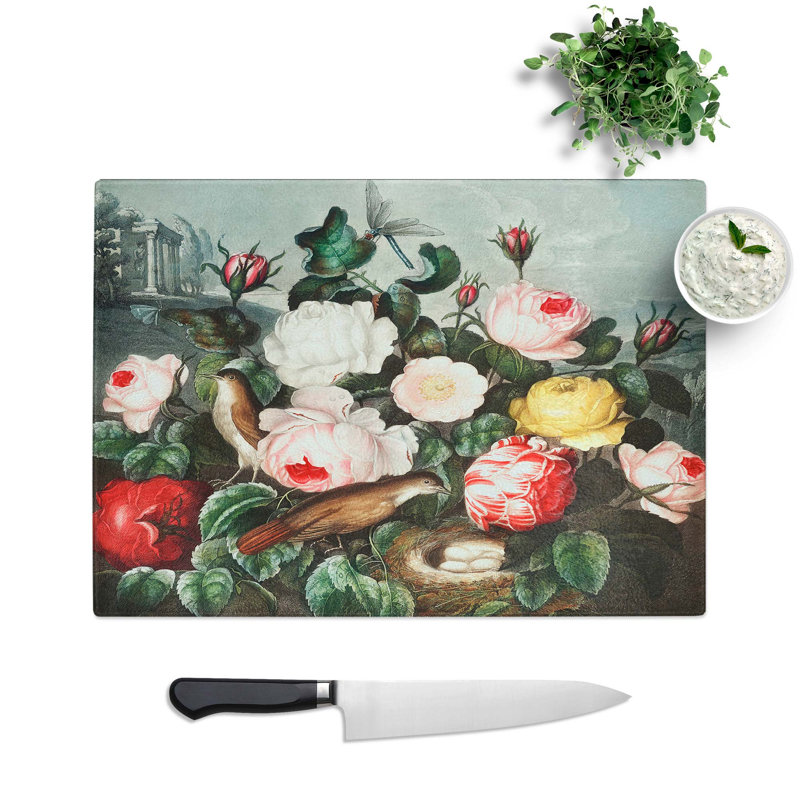 Tempered Glass Birds Nest in the Roses Chopping Board, 39 cm W x 28.5 cm L