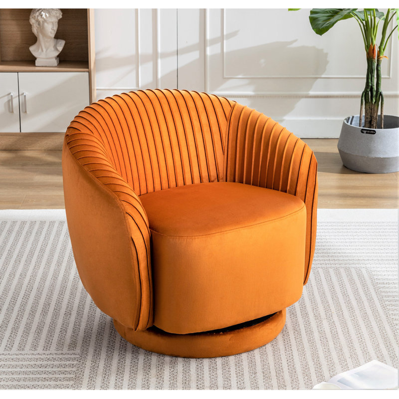 Fauteuil demi-tonneau pivotant en velours avec base robuste et coussin rembourré épais, Orange