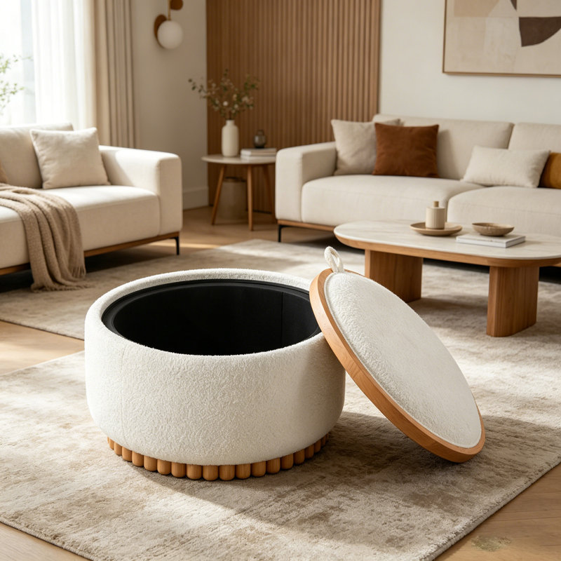 Repose-pieds de rangement rond de 29 po avec pieds en bois massif, table basse moderne avec couvercle réversible, structure en bois, repose-pieds en tissu Boucle pour le salon, aucun assemblage requis