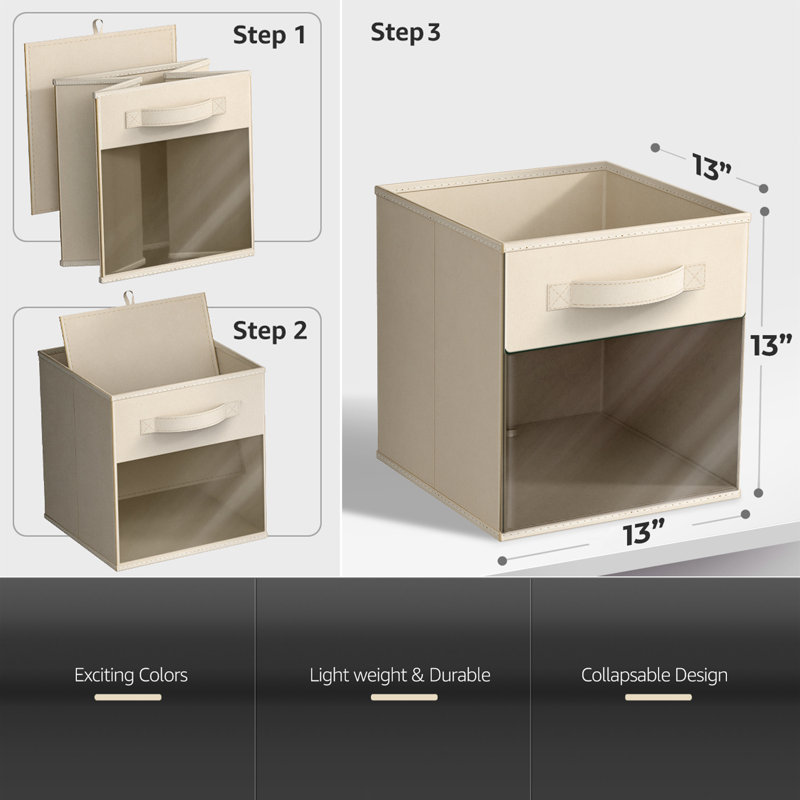 Sorbus 13" Large Storage Bin with Clear Window – 6-Pack Foldable Fabric Organizers, Beige, Beige