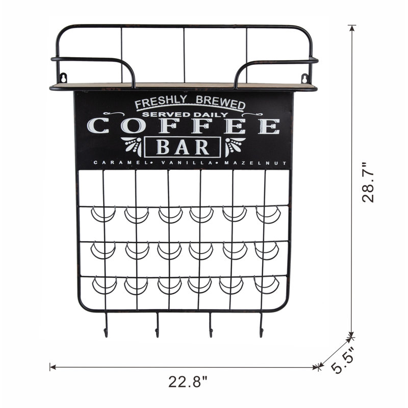 Black Floating Coffee Bar Shelf with Coffee Pod Holder, Hooks and Storage Shelf