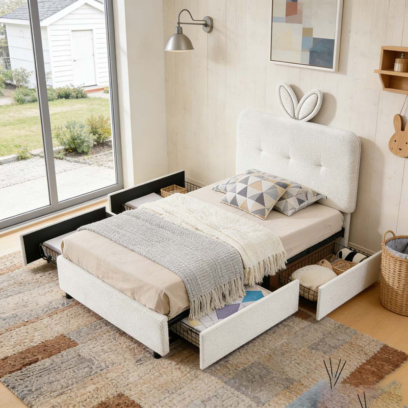Lit tapissier avec tête de lit surdimensionnée, lumière DEL et 4 tiroirs de rangement, Beige, Lit simple