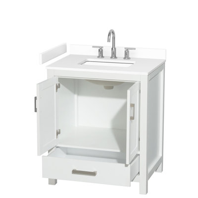 Sheffield 30 inch Single Bathroom Vanity in Light Green, White Cultured Marble Countertop, Undermount Square Sink (3-Hole), Brushed Nickel Trim
