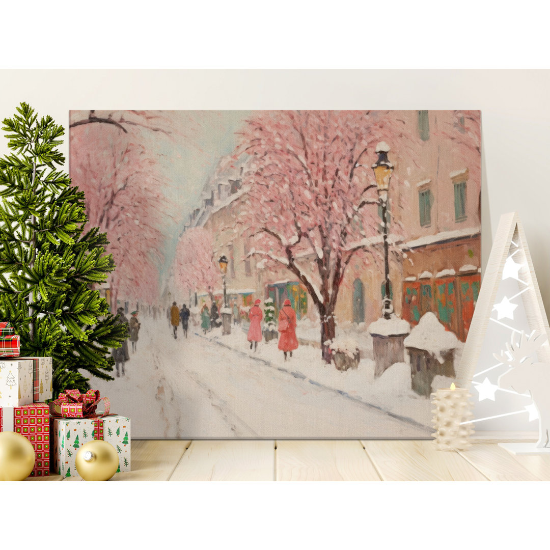 Winter Street Scene Canvas Wall Art, Gallery Wrapped Matte Print, Archival Quality, Ready to Hang, Pink Trees, Paris Street Scene, Modern