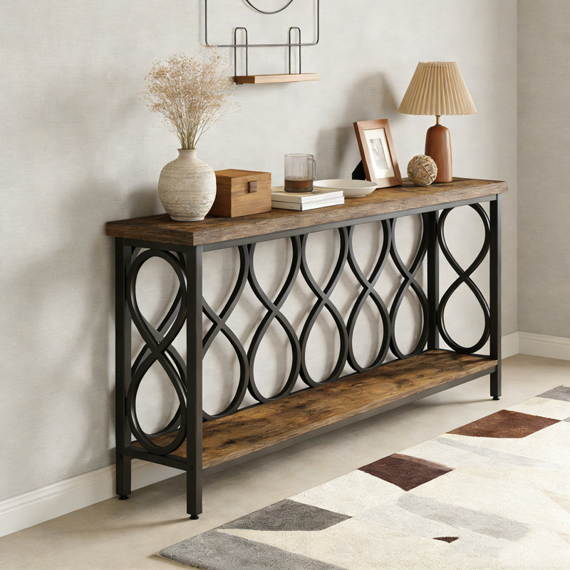 Wood Sofa Table, Rustic Console Table Entryway Table with 6 Storage Cubes, 31.5" H x 62.99" W x 11.81" D
