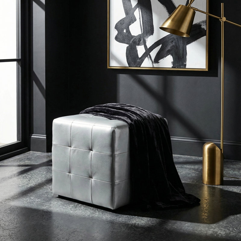Faux Leather Ottoman, Silver Faux Leather