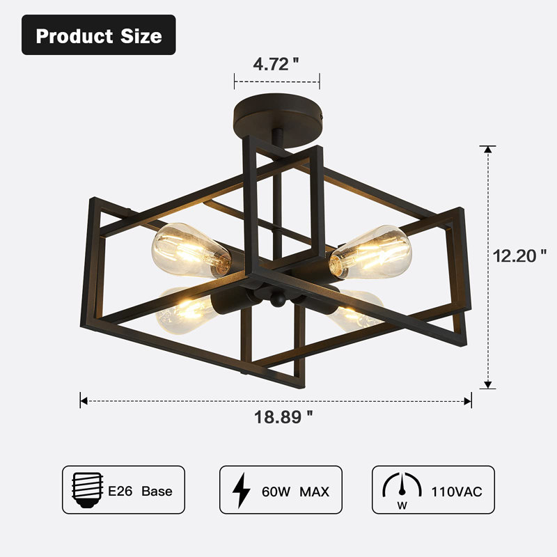4-Lights Close To Ceiling Light，Black Light Fixture Industrial Flush Mount Ceiling Light ，Farmhouse Chandelier Lighting