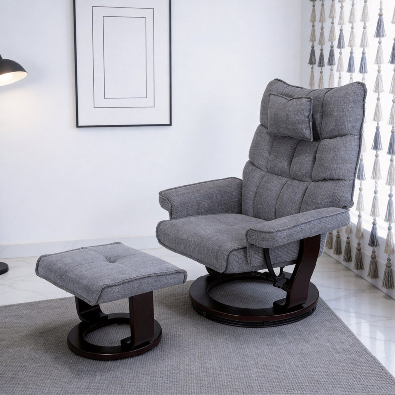 33" Contemporary Chenille Recliner And Ottoman With Swiveling Metal Base