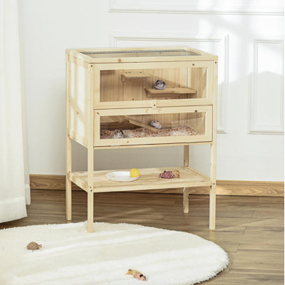 Cage en bois pour petits animaux - Hamster et rat à 3 niveaux avec toit accessible, entrée avant et espace de rangement