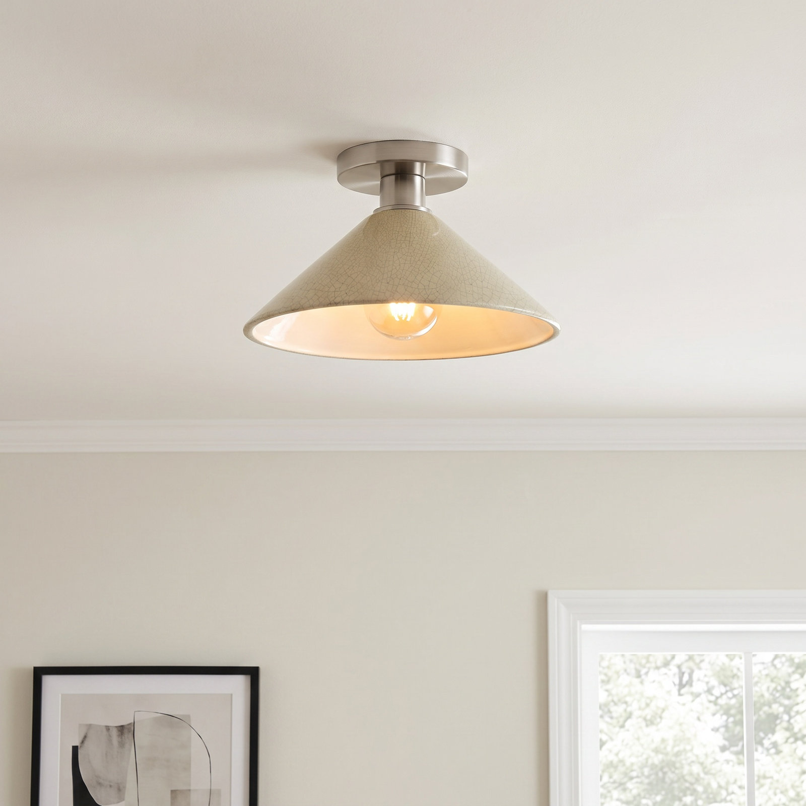Single Light Ceramic Semi Flush Mount, Celadon Green Crackle, Brushed Nickel, LED (Integrated)