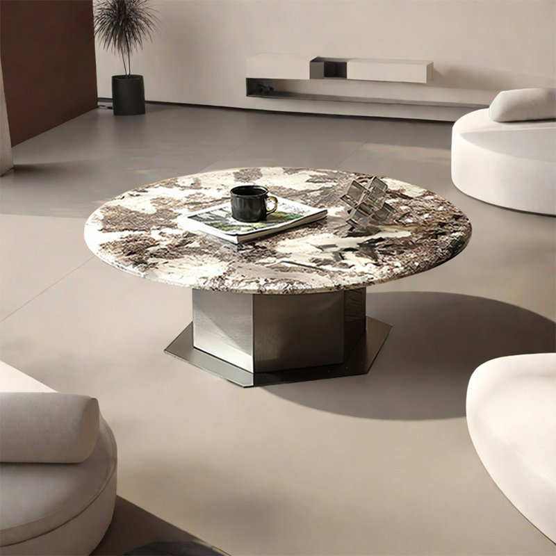 Table basse ronde en marbre clair, H 12,6 po x L 35,4 po x l 35,4 po