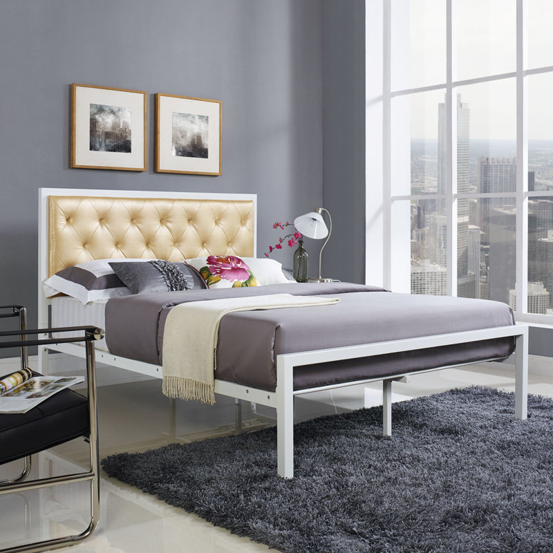 Mia Vinyl Platform Bed Frame, Golden Champagne, Full