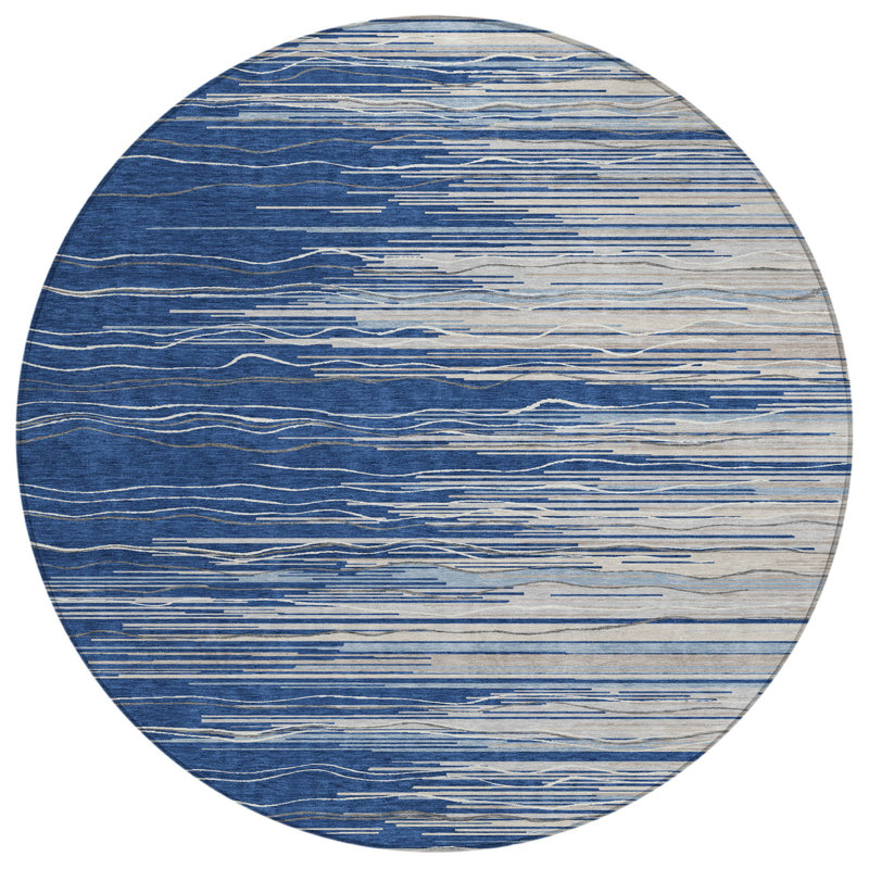Tapis intérieur lavable rayé rond bleu marine 8 pi HomeRoots