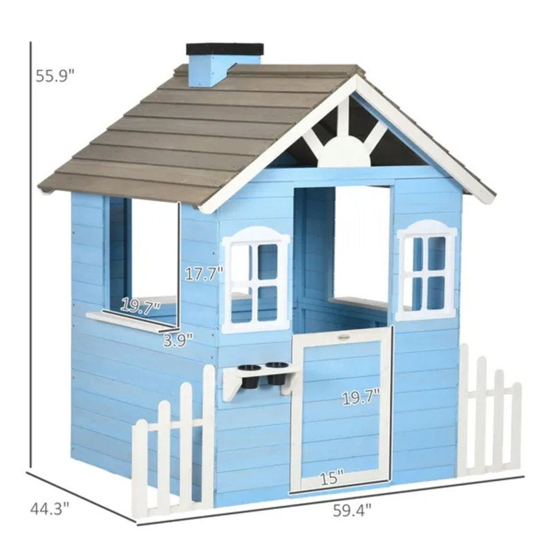 Maisonnette en bois bleue pour enfants avec porte-pots et stations-service