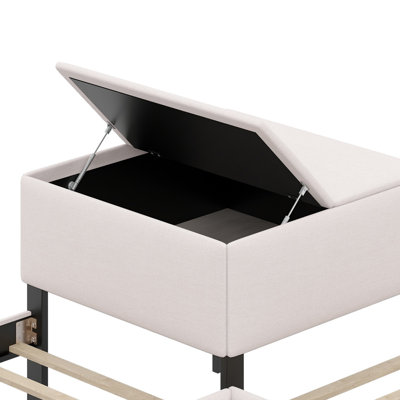 Lit plateforme tapissier en forme de L avec lit gigogne, deux tiroirs et bureau