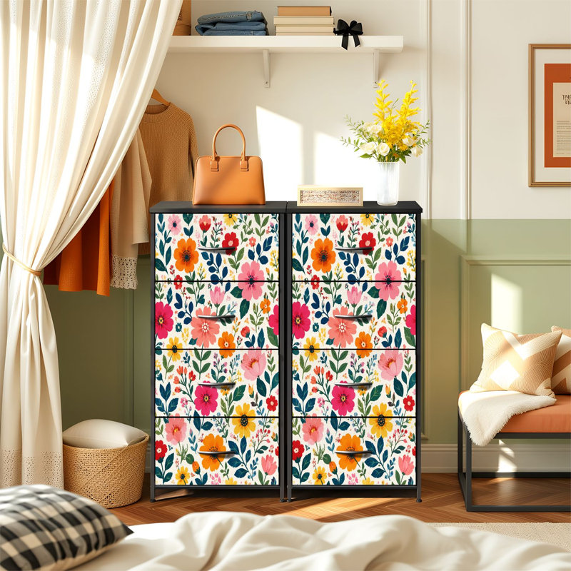 Commode de rangement verticale 4 tiroirs fleurs colorées peintes à la main avec tiroirs en bois